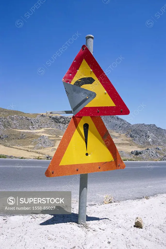 Greece, island Crete, country road,  Traffic signs, bent  Europe, Mediterranean island, street, street sign, warning sign, warning, respect, curve, si...