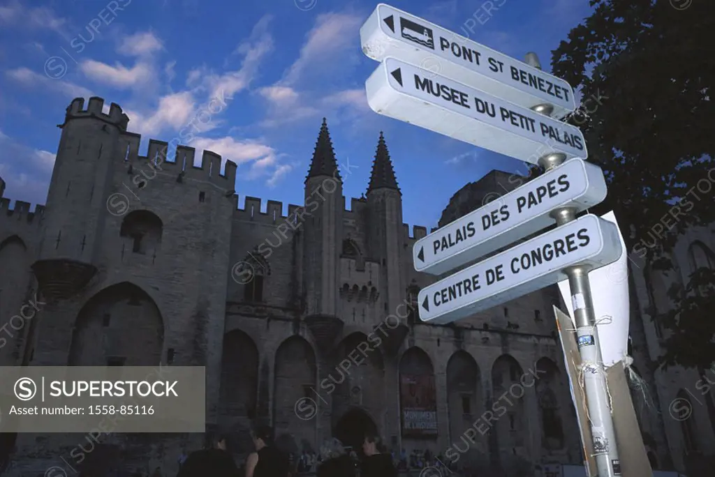 France, Provence, Avignon,  Palace, signposts, passer-bys,  Evening,  Europe, department Vaucluse, city, sight, castle, architecture, tourism, tourist...