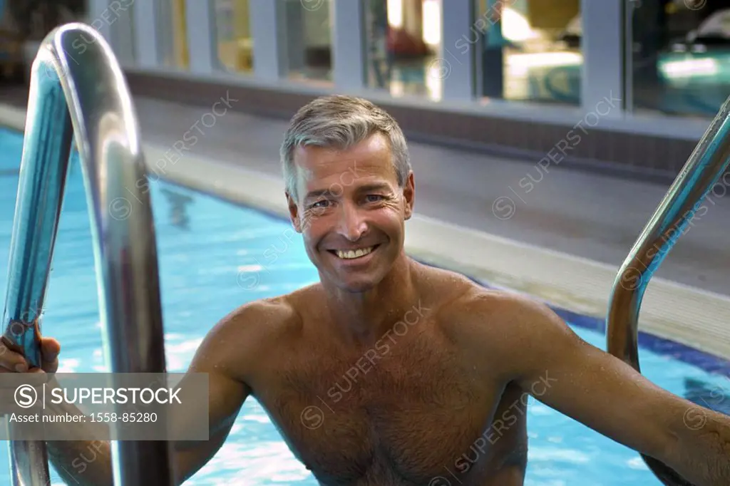 Pools, man, stairway hand-rails,  clings, laughing, portrait,   Series, swimmers, athletes, 40-50 years, 45 years,  grey-haired, upper bodies freely, ...