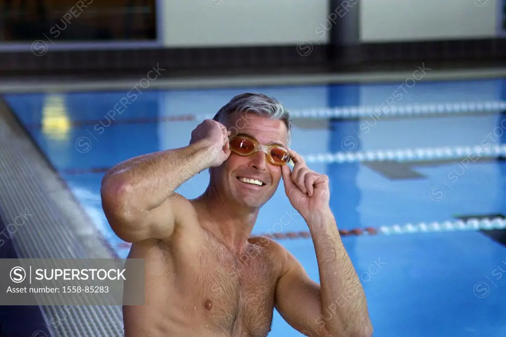 Foyer bath, man, upper bodies free, Swimming glasses, laughing, portrait,   Series, swimmers, athletes, 40-50 years, 45 years,  grey-haired, durchtrai...