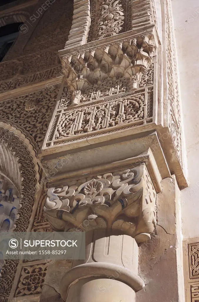 Spain, Andalusia, grain Ada, Alhambra,  Facade, column, detail  Palace, 13.-14. Jh., sight, architecture, architecture, skillfully, artwork, entrance,...