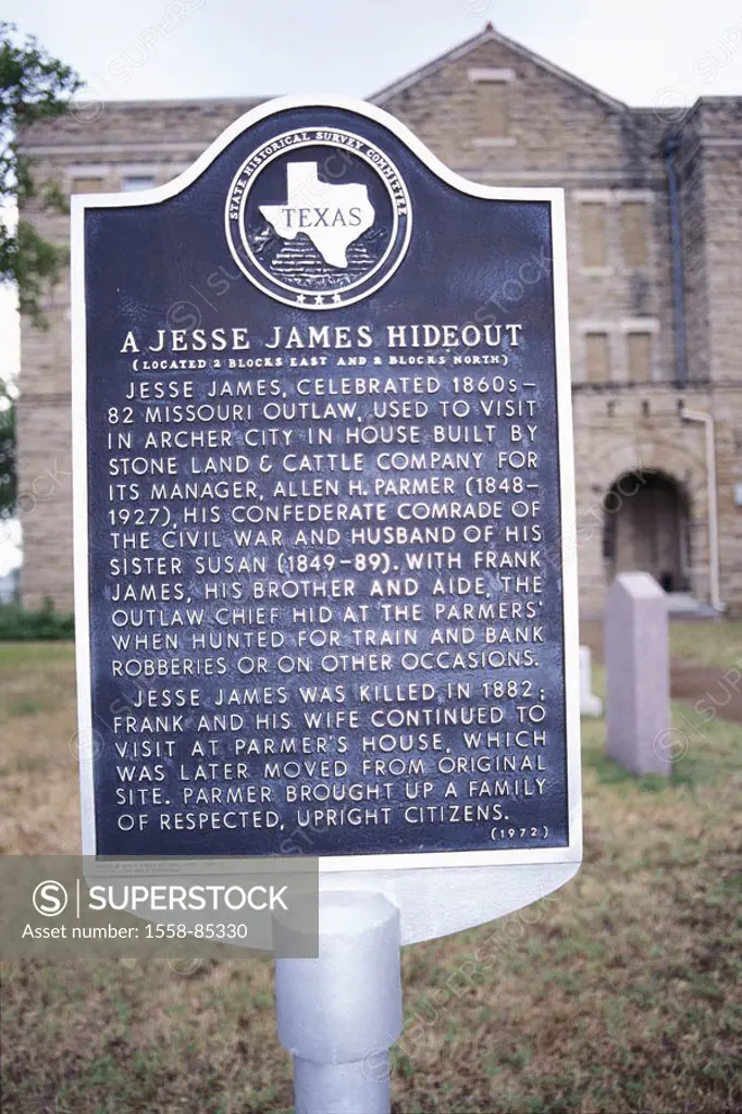 USA, Texas, Archer city, plaque,  Jesse James,   North America,  United States of America, sign, blackboard writing history, historic,