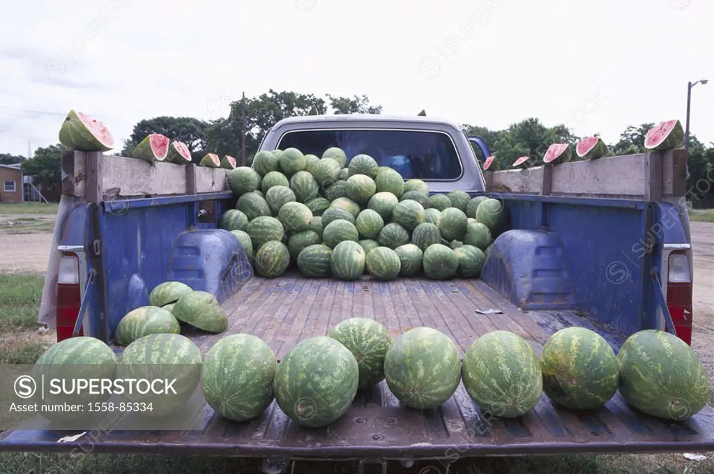 USA, Texas, Pick-up, loading space,  Watermelons,   Car, vehicle, delivery trucks, harvest, profit, sale, offer, dealers, melons, many, completely, ha...
