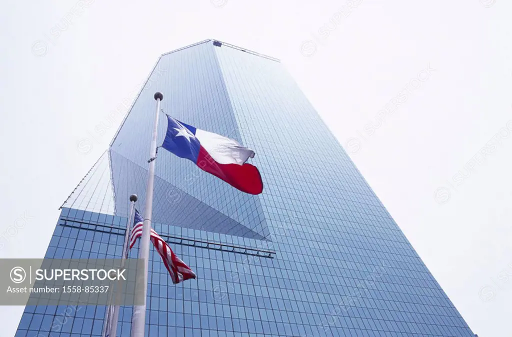 USA, Texas, Dallas, skyscrapers,  Fountain Place, flags, perspectives,   North America,  United States of America, high-rise, buildings construction r...