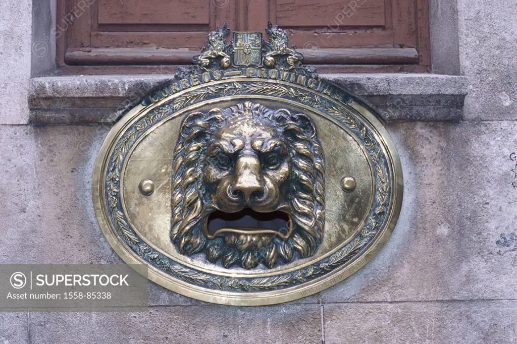 Spain, Burgos, house, detail,  Lion head,   Buildings, windows, wells, opening, mouth, lion, brass, culture, concept, power, strength, grandeur,