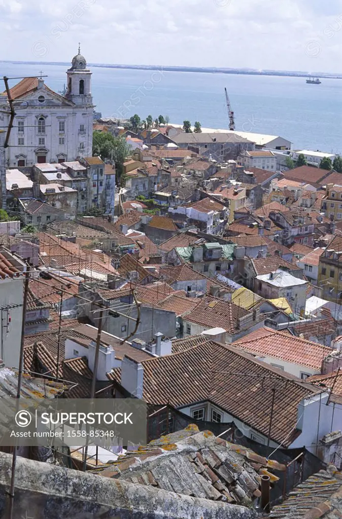 Portugal, Lisbon, old town,  view at the city, river Tajo,   Europe, Iberian peninsula, city, capital, district, church, houses, roofs, house roofs, b...