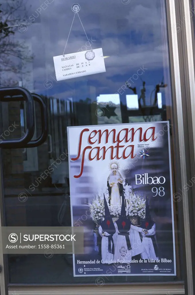 Spain, Basque country, Bilbao, business,  Glass door, poster, Semana Santa 98,   Europe, Iberian peninsula, province Viskaya, stores, sign, opening ho...