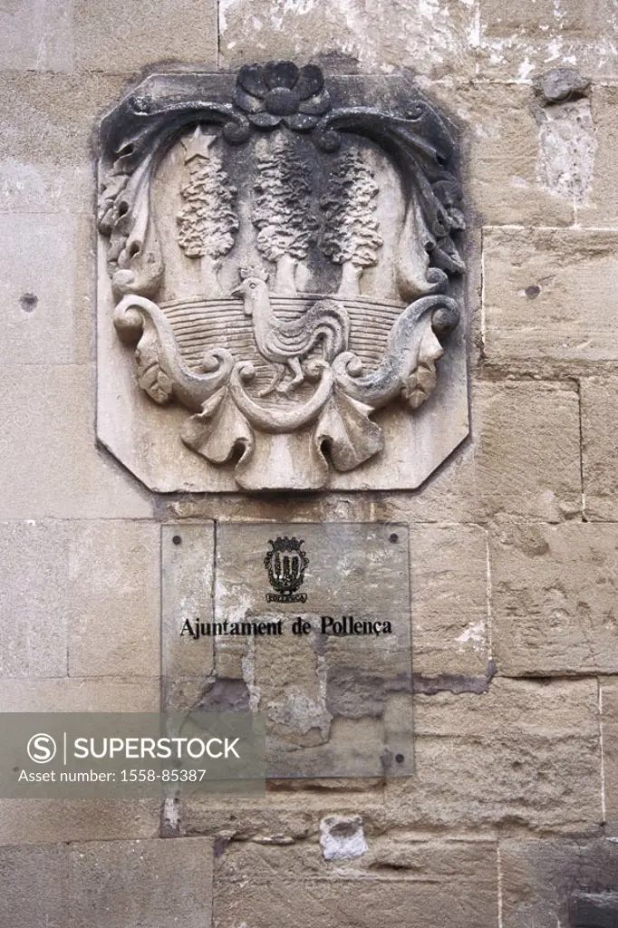 Spain, Ballearen, island Majorca,  Pollenca, facade, detail, coats of arms,  Sign,  Europe, Mediterranean island, peninsula Formentor, Pollensa, city,...