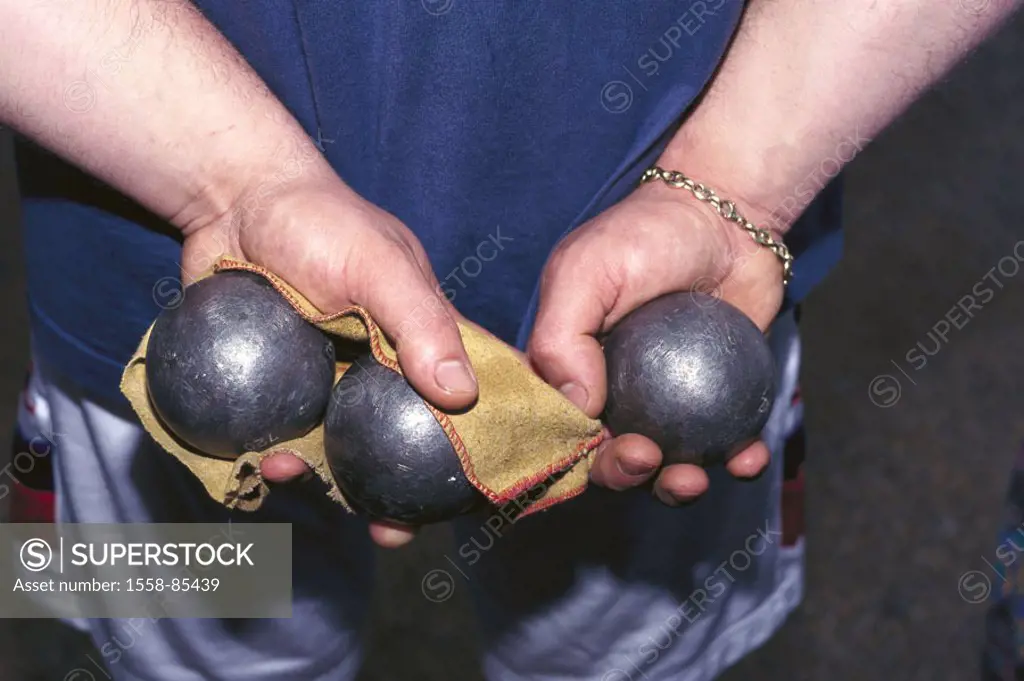 Man, hands, cloth, balls, holding,  view from behind, detail,   Men´s hands, game, Boule, Boulespiel, Boulespieler, hobby, leisure time, playing, ball...