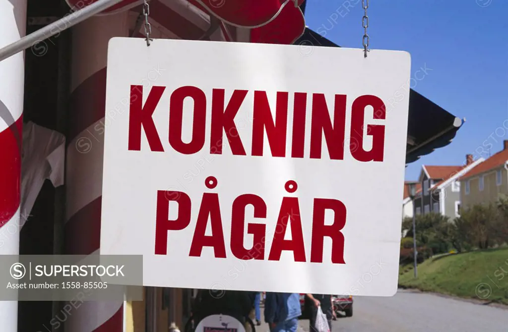 Sweden, sign, ´kokning  pÜgÜr´,   Scandinavia, tourism, information sign, sign, white, writing, red, hint information sign cooking candies, outside,