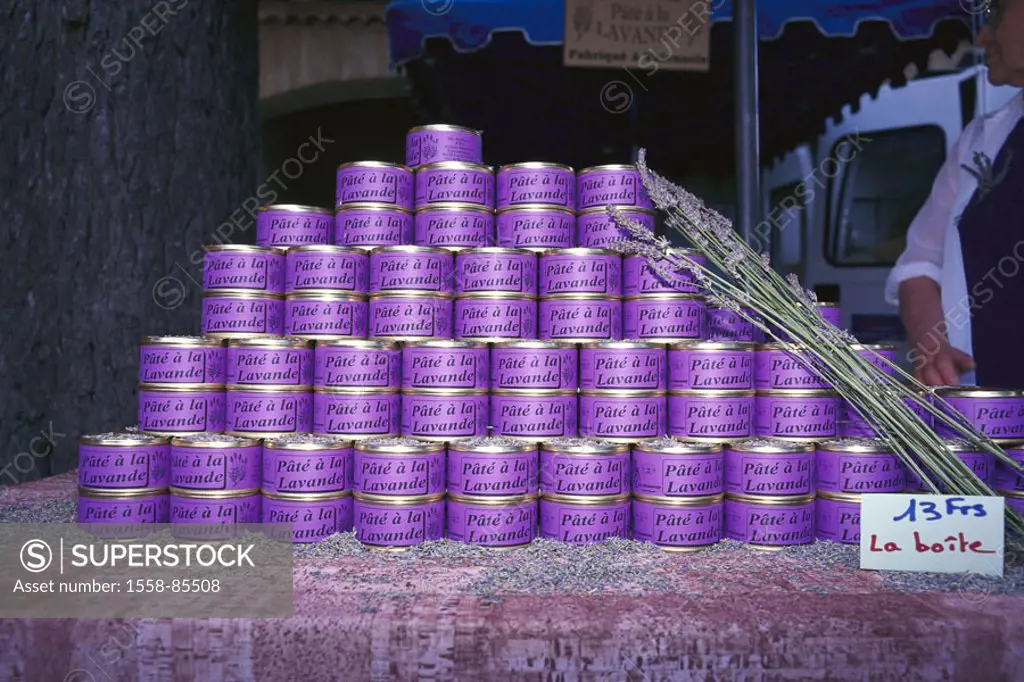 France, Provence, Valensole,  Market, sale, lavender paste,   Europe, specialty, lavenders, lavender product, cans, canned food, cans, purple, godfath...