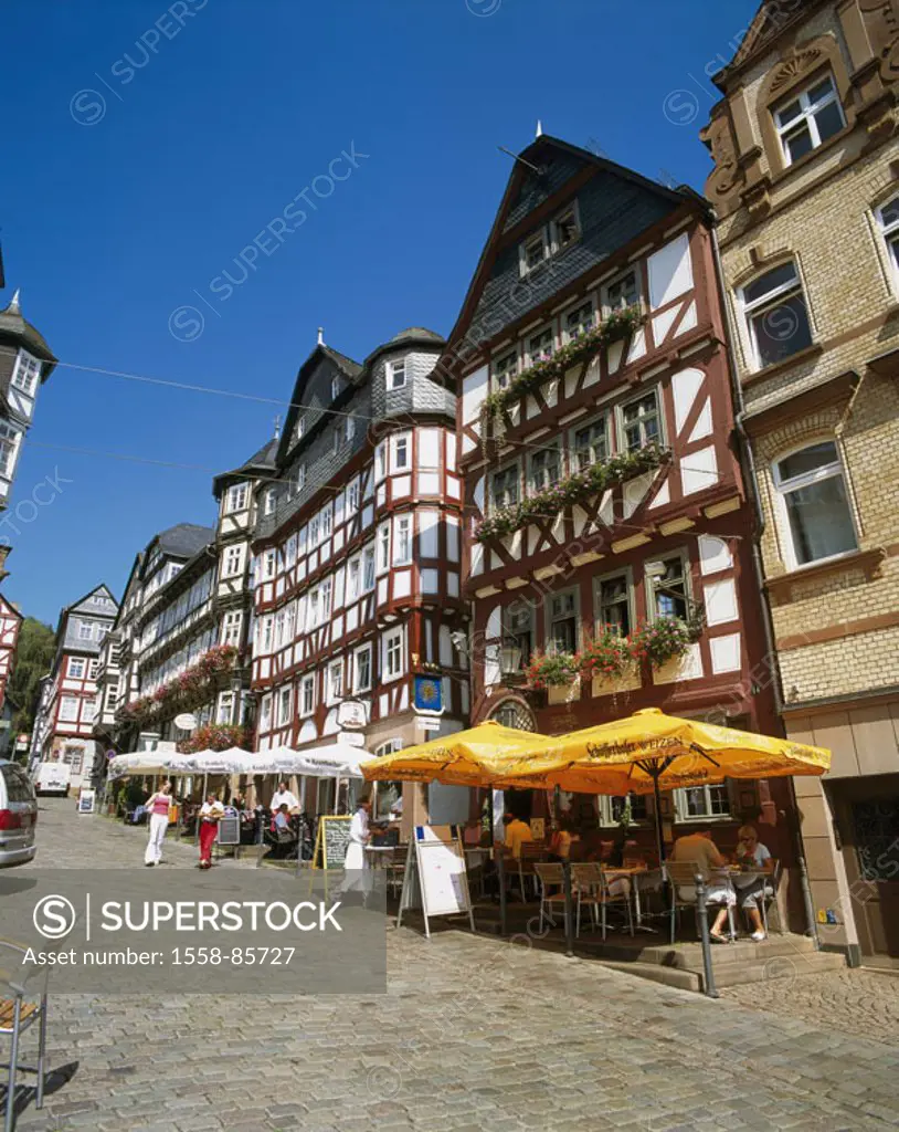 Germany, Hesse, Marburg,  Market street, timbered houses,  Street cafes,  Europe, city, city center, pedestrian zone, houses, buildings, architecture,...