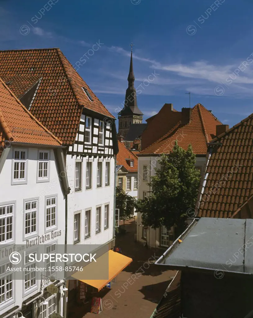 Germany, Lower Saxony, Osnabruck,  At the gamekeeper Tor, houses, steeple,   Europe, city, district, buildings, architecture, church,