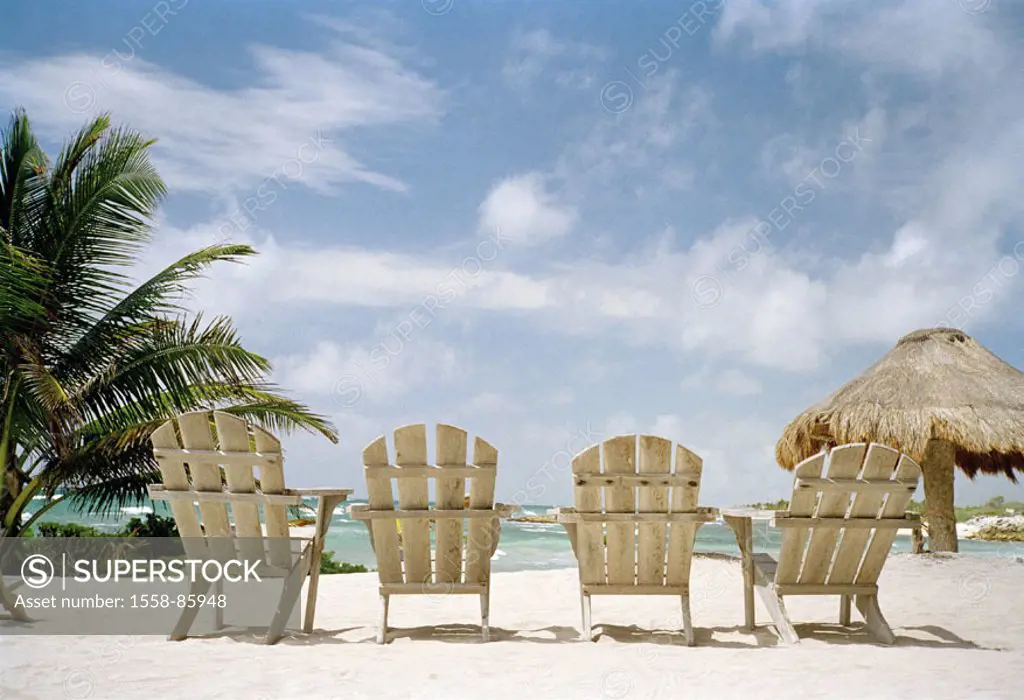 Palm beach, deck chairs, empty, %0AMeerblick, %0A%0AStrand, sand, palms, beach, parasol, sun chairs, unused, symbol, abandoned, suns, sunbath recupera...