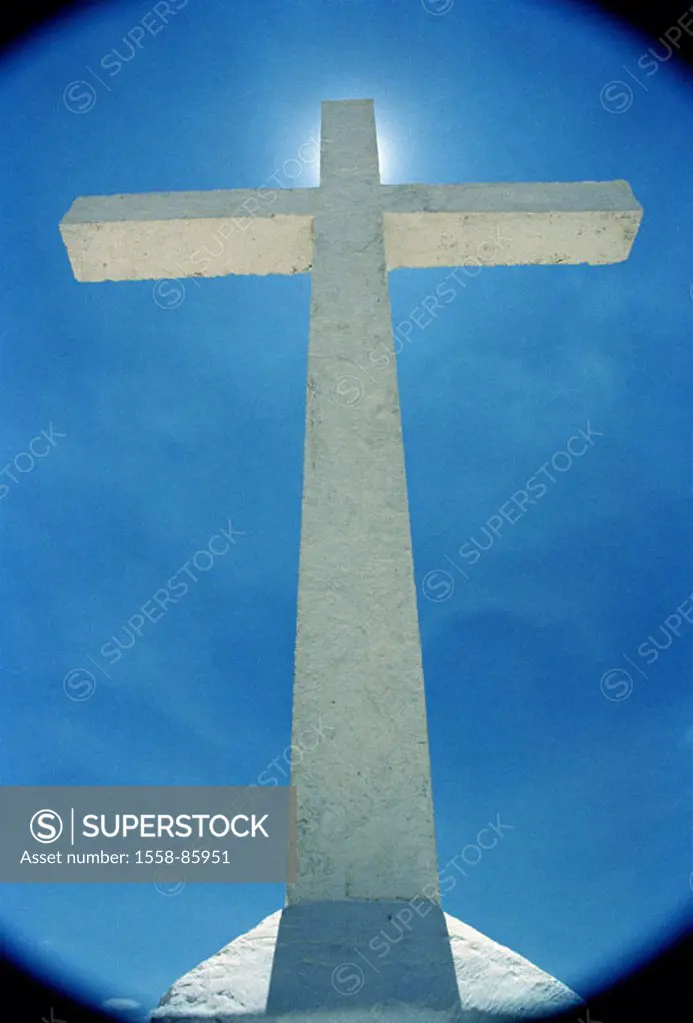 Stone cross, back light, from below,  Vignettierung,   Cross, white, simple, simply, symbol, spirituality, Spiritualität, belief, religion, hope, pray...