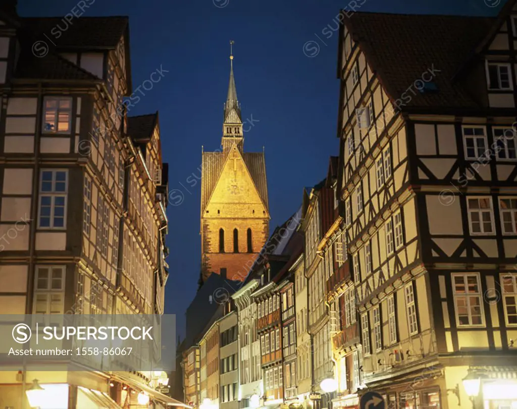 Germany, Lower Saxony, Hanover, old town, Kramerstraße, Marktkirche  St. Georgii et Jacobi, steeple, evening, view at the city, pedestrian zone, stree...