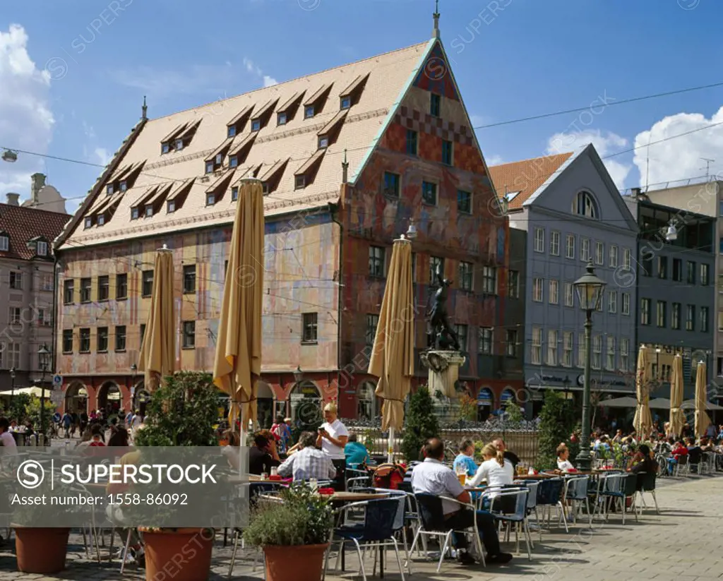Germany, Bavaria, Augsburg, Maximilian street, weaver house, Mercury wells,  Street cafe,  Romantic street, place, guild and Amtshaus,  Reconstruction...