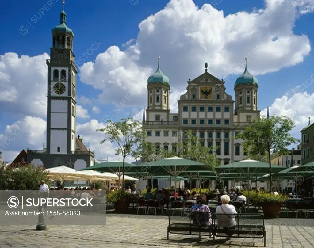 Germany, Bavaria, Augsburg, Town hall, Perlachturm, forecourt, Street cafe,  Romantic street, town hall buildings, mundane construction,  City master ...