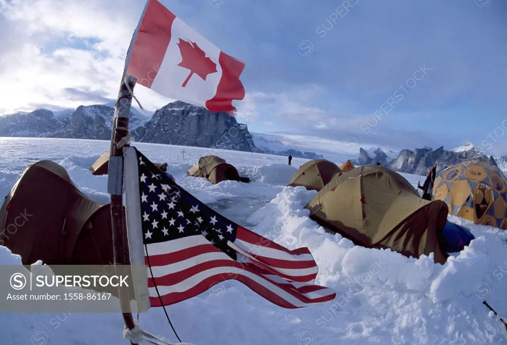 Canada, Baffin Iceland, The Fin,  Basis camps, national flags,,  Canadian, American,  Arctic, Baffinland, winters, ice, snow, landscape, nature, mount...