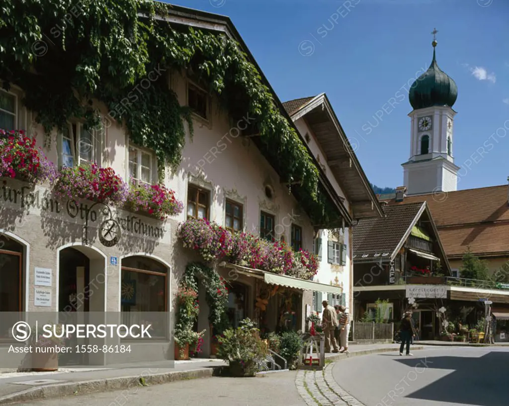 Germany, Bavaria, head bunting district,  Village street, residences, church  St. Peter and Paul,  Upper Bavaria, development rock, passion game place...