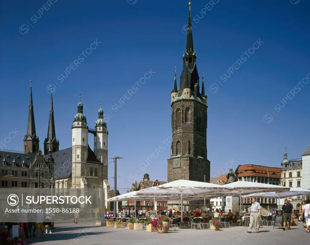 Germany, Saxony-Anhalt, hall  at the Saale, market place, cafe, Red tower, Marktkirche,  Steeples, tower construction, 84 m high, built 1418-1506, chu...