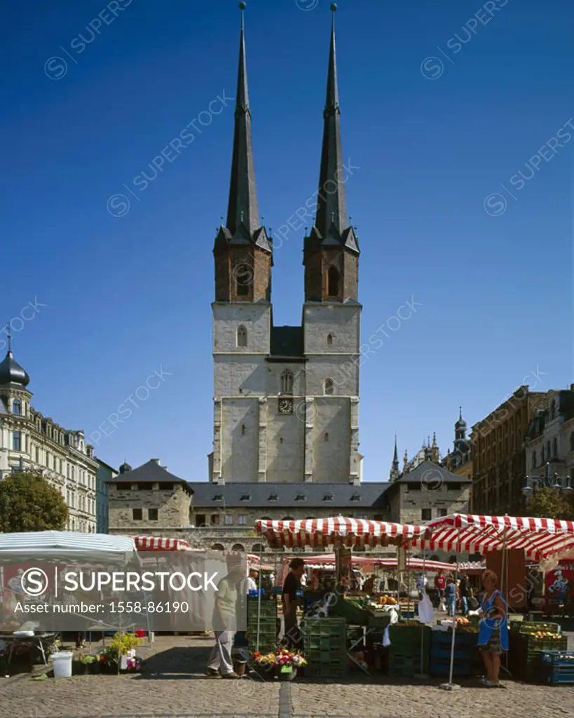 Germany, Saxony-Anhalt, hall  at the Saale, reverberation market, Marktkirche,  Forecourt, week market,  Place, market stand, sale, flowers, food,  Ch...
