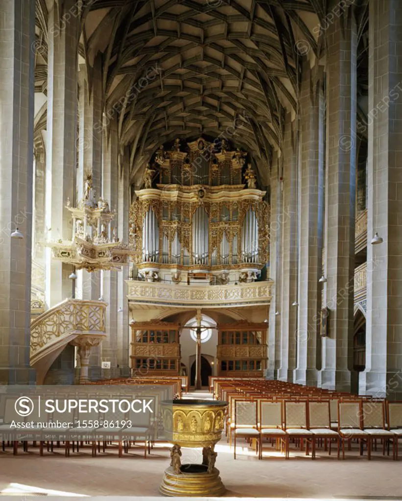 Germany, Saxony-Anhalt, hall  at the Saale, market church, benches, Gaze, organ,  Church, foyer church, three-ship-y, master builder Caspar strength, ...