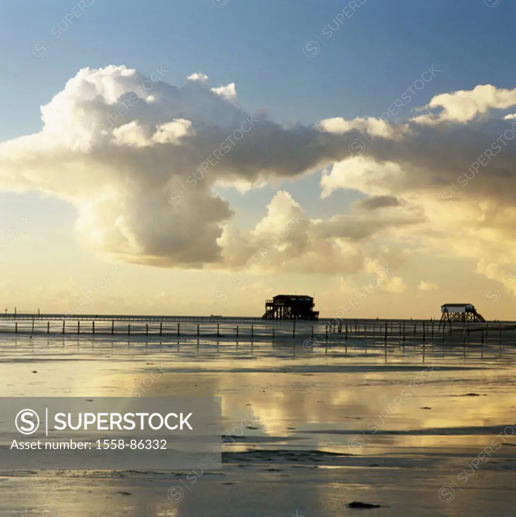 Germany, Schleswig-Holstein, Saint  Peter Ording, sea, beach, post constructions,  Evening sun,  Northern Germany, North Frisian islands, North frieze...