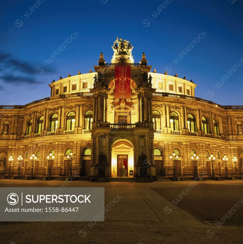Germany, Saxony, Dresden,  Semperoper, illumination, evening,   Silver street, theater place, opera house, opera, Saxon state opera, buildings, built ...