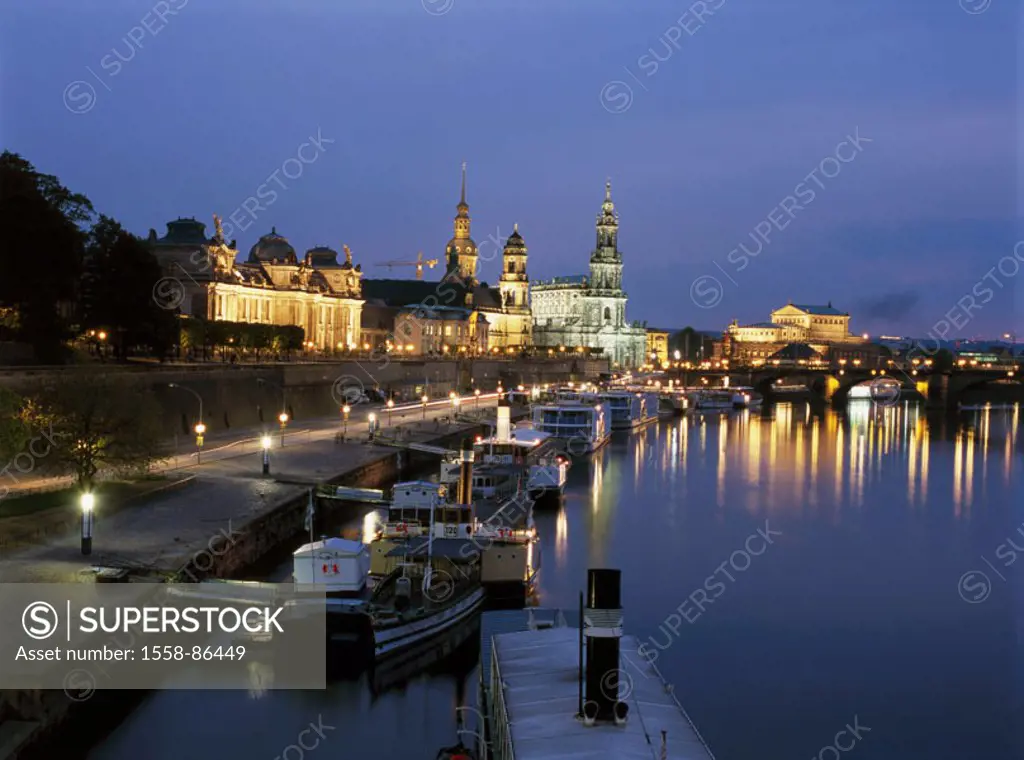Germany, Saxony, Dresden,  view at the city, Elbe, twilight,   Cityscape, skyline, Elbufer, buildings, constructions,  Churches, Hofkirche, Semperoper...