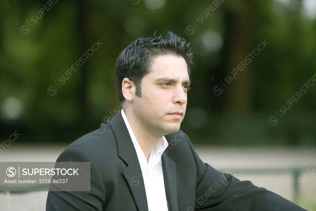 Park bank, businessman, serious,  Half portrait,   Series, 20-30 years, man, thoughtfully, thinking, procure, sorrow, worries, loneliness, sorrowfully...