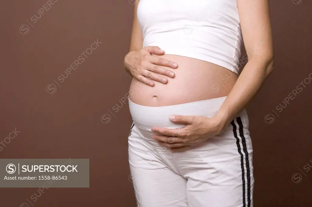 Woman, pregnant, Bauchfrei, hands, Touch, stomach, detail,   Series, pregnancy, pregnant, 20-30 years, stomach scope, baby stomach, feeling, caresses,...
