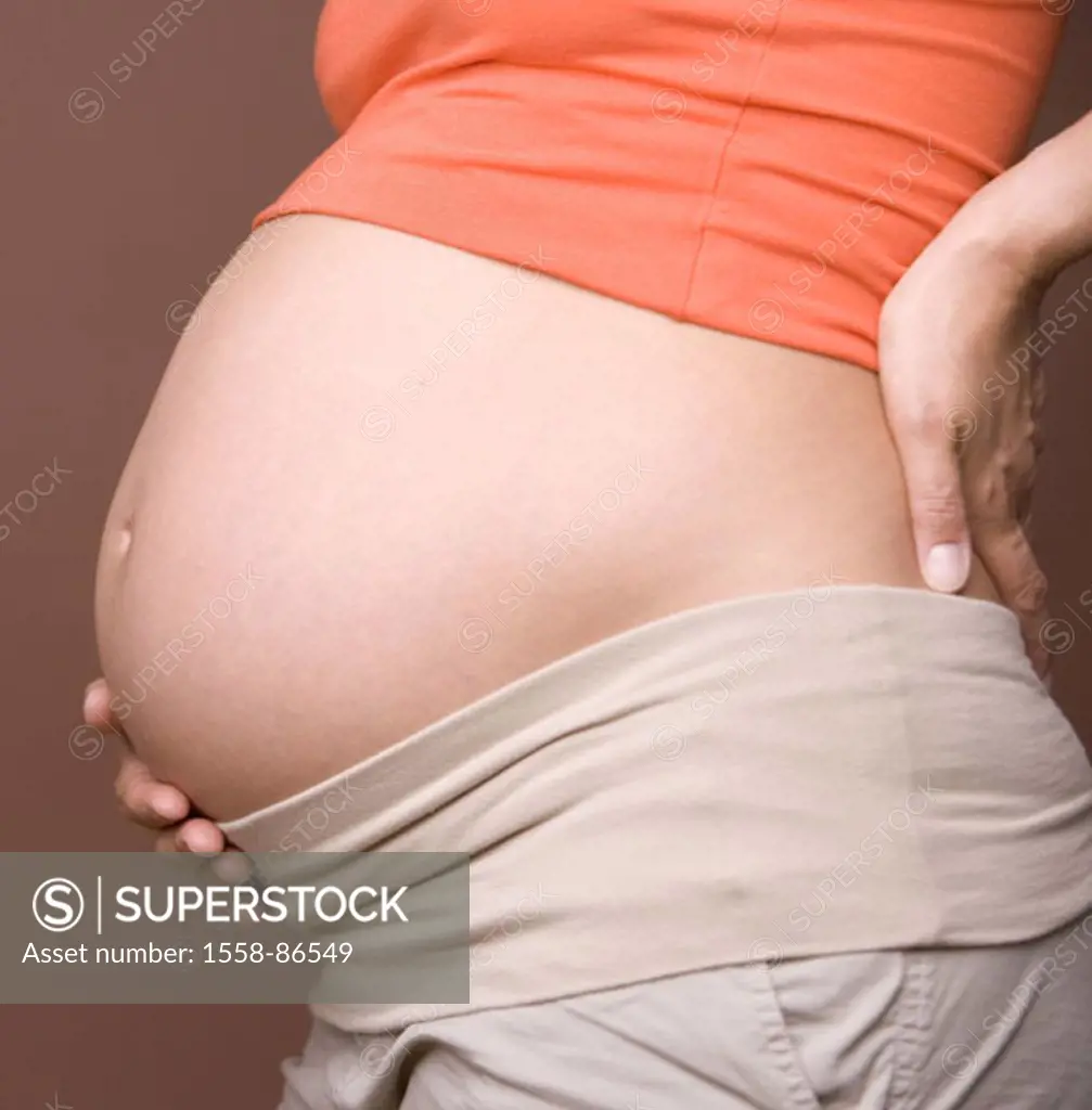 Woman, pregnant, Bauchfrei, hand, Touch, stomach, detail, on the side,   Series, pregnancy, pregnant, 20-30 years, stomach scope, baby stomach, feelin...