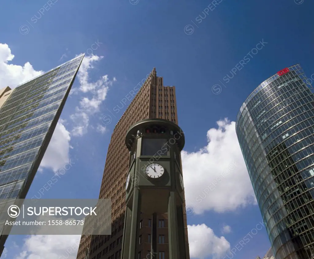 Germany, Berlin, Potsdam place, Business houses, Kollhoff-Gebäude,  DB-Tower, house Huth, Uhrturm, detail, Europe, capital, Berlin middle, skyscrapers...