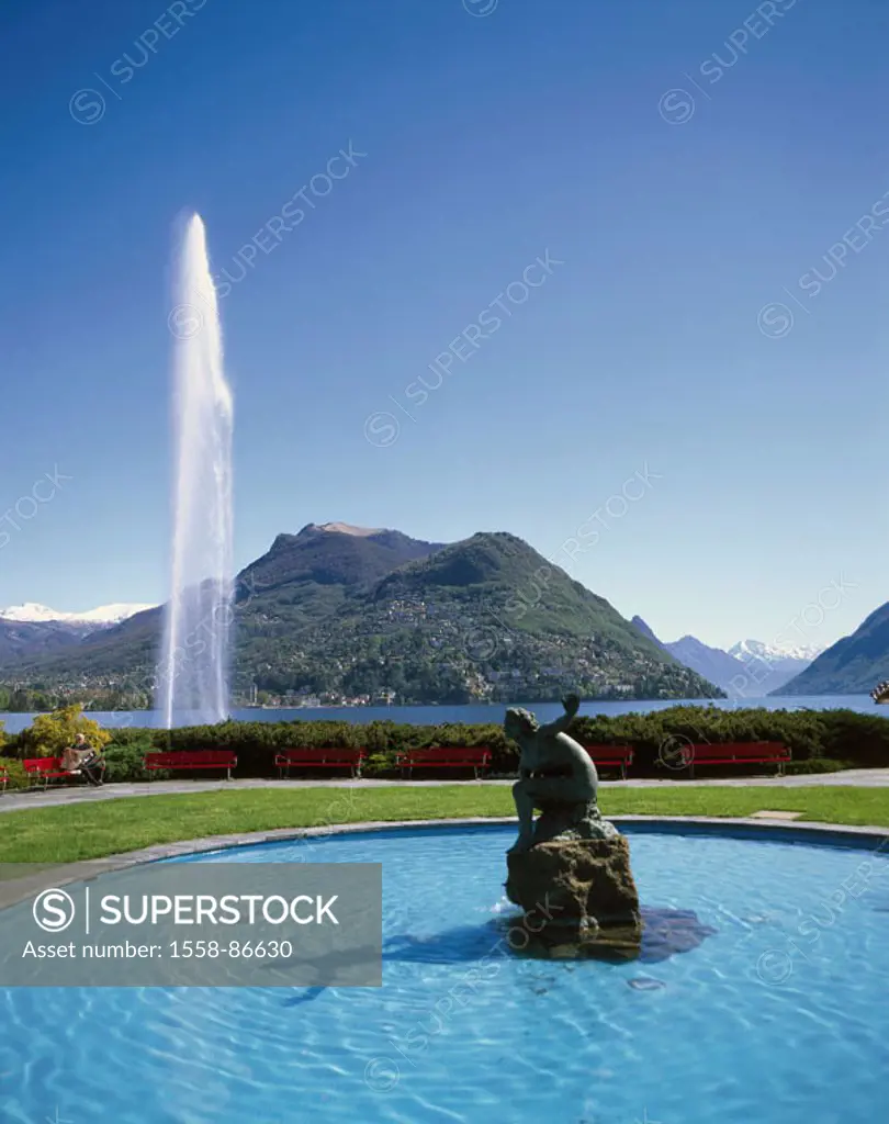 Switzerland, canton Tessin, Lugano, City park ´Parco Ciani ´, wells, Luganer sea, mountains, Europe, health resort, location park, park, park benches,...