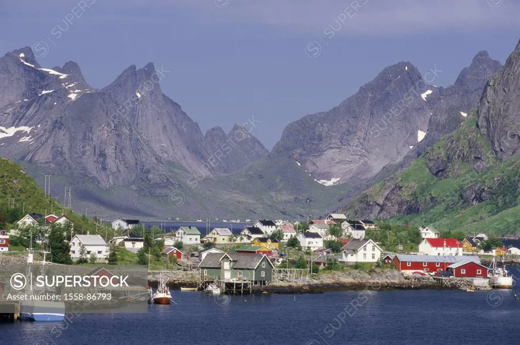Norway, Lofoten, island VestvÜgøy,  Pure, skyline,   Scandinavia, North country, Vestvagoy, place, fisher place, harbor, landing place, ships, boats, ...