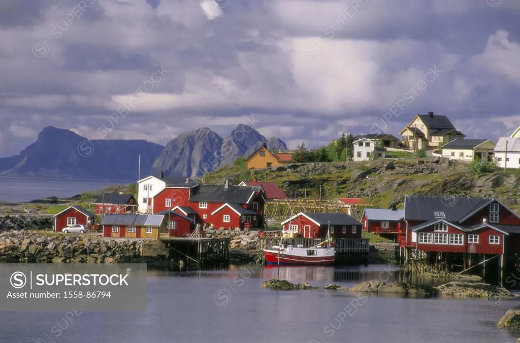 Norway, Lofoten, island Moskenesøy,  Å, skyline,   Scandinavia, North country, Moskenesoy, A, place houses fisher harbor, landing place, fish cutters,...