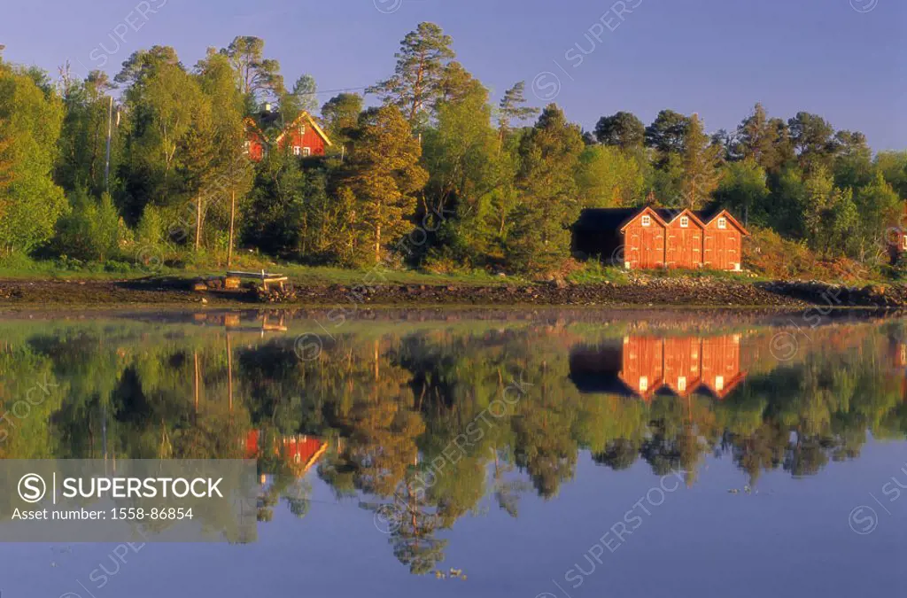 Norway, fjord shores, houses, forest,    Scandinavia, fjord, sea, swift rod, landscape, idylls, shores, residences, framehouses, typically, isolation ...