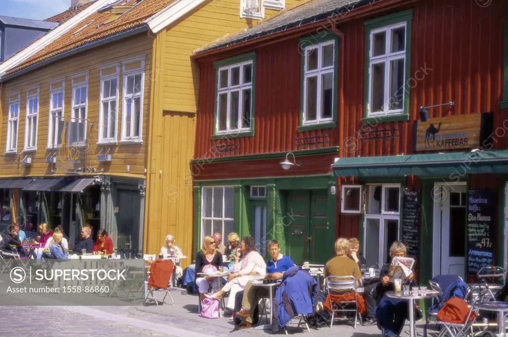 Norway, Sør-Trøndelag, Trondheim,  Street cafe, tourists,   Scandinavia, city, destination, tourism, houses, framehouses, typically, pub, street pub, ...