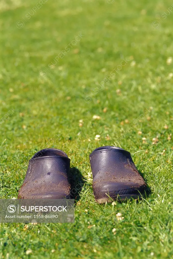 Meadow, garden shoes, summer,   Leisure time, hobby, gardening, garden, garden utensils, shoes, Gartenclogs, rubber shoes, work shoes, earthy, dirty, ...