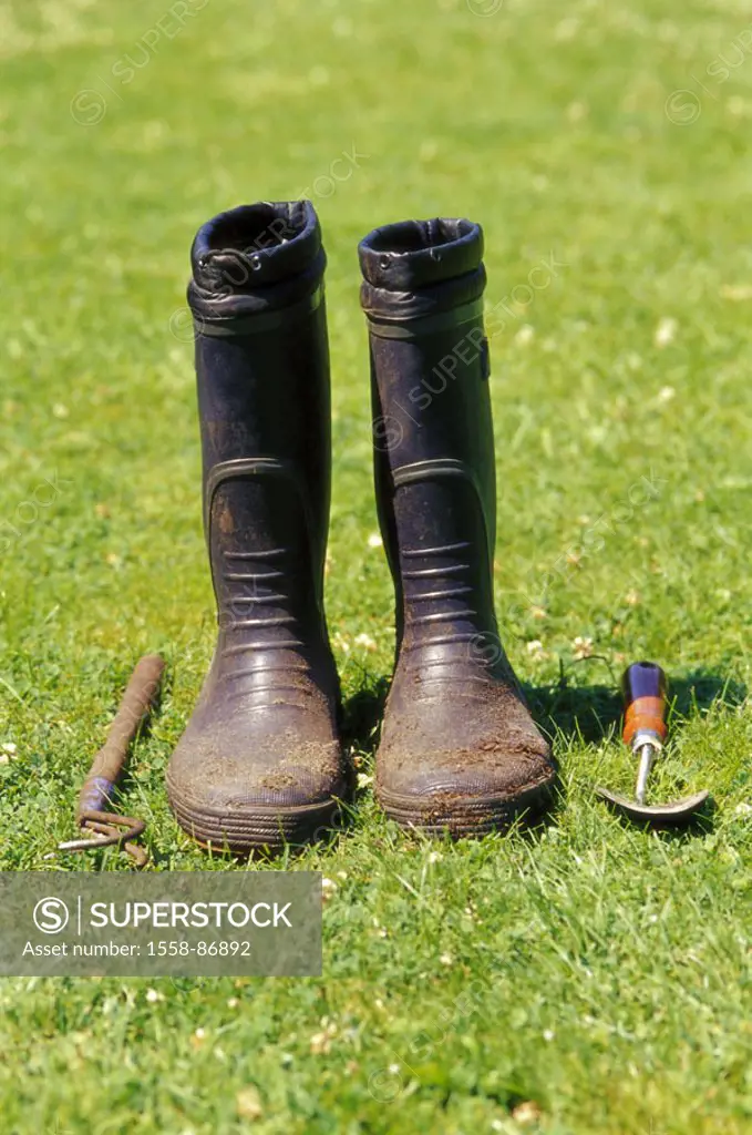 Meadow, rubber boots, work appliances, earthy, summer,  Garden, leisure time, hobby, gardening, shoes, boots, rubber shoes, work boots, dirty, insensi...