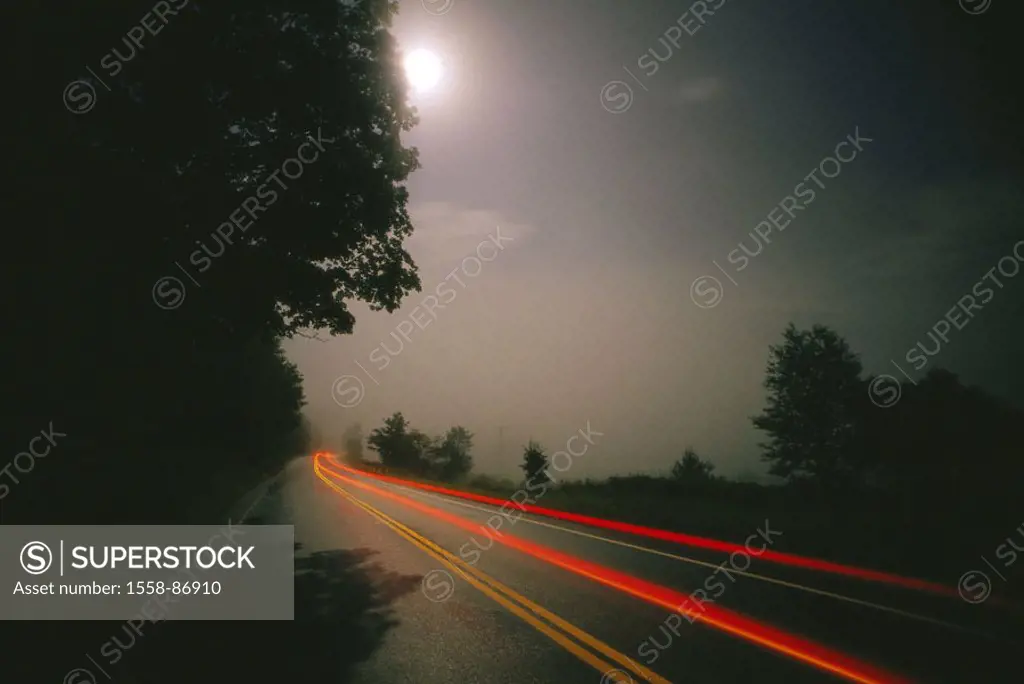 Country road, light tracks, darkness, Moonlight,   Street, traffic, vehicle, lights, long time exposure, forest, fogs, full moon, full moon night, moo...