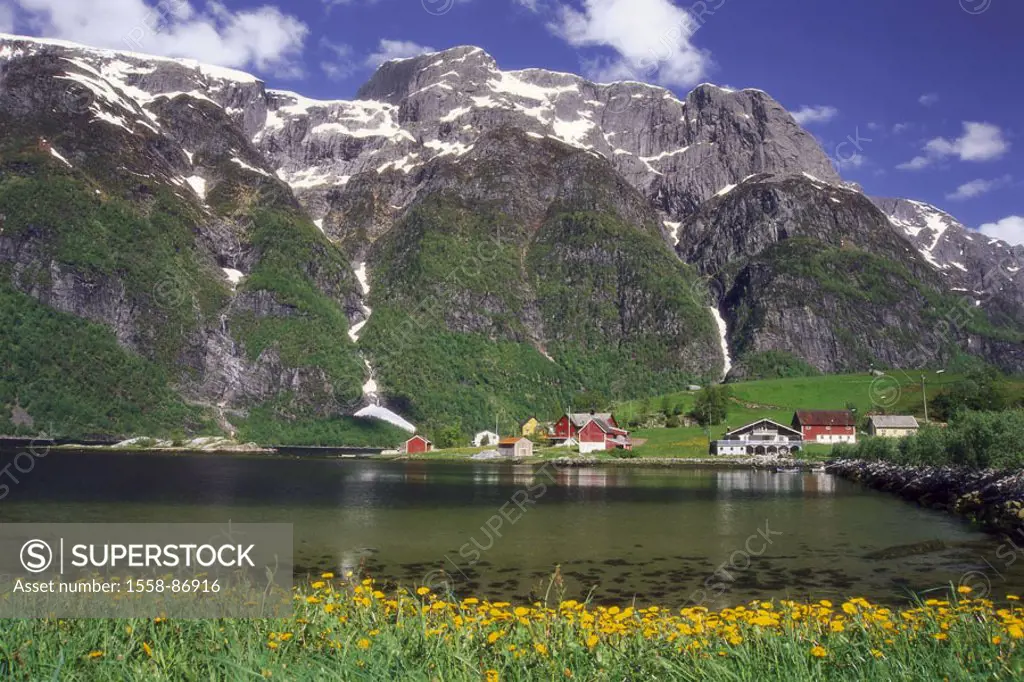 Norway, Sogn of og Fjordane, mountains,  skyline Hyen, fjord shores,   Scandinavia, west Norway, nature, landscape, mountains, snow remains, place, ho...