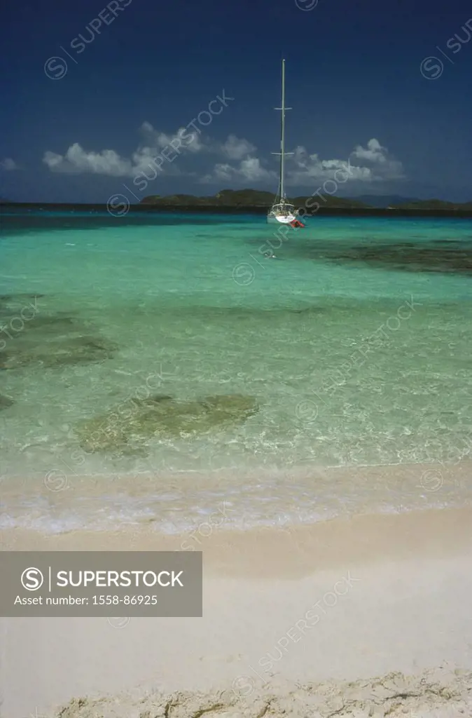 Virgin islands, Saint Thomas, beach,  anchoring sea gaze, sailboat,   Caribbean, sandy beach, water, shallow, boat, symbol, country walk, Segeltörn, s...