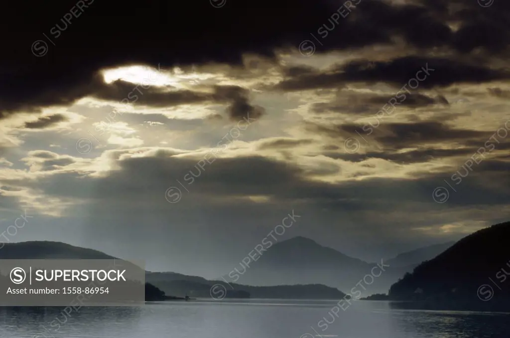 Norway, Fjordlandschaft,  Thunderstorm mood,   Scandinavia, fjord, landscape, mountains, heaven, clouds, cloud mood, clouds rays of light, darkness da...
