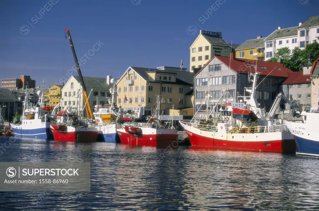 Norway, Trøndelag, Kristiansund,  view at the city, harbor,  Scandinavia, west Norway, city, coast city, port, landing place, fisher harbor, ships, fi...