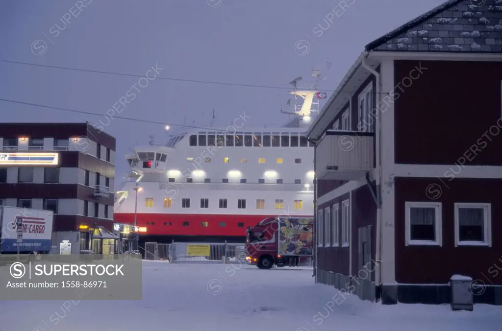 Norway, Finnmark, island Kvaløy,  Hammer party, harbor, swiftly rod ship  ´Richard-With´, detail, twilight,  Scandinavia, swift rod, landing place, sh...