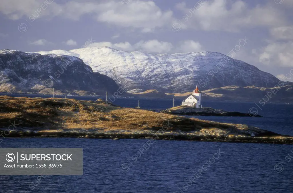 Norway, Møre of og Romsdal,  Coast landscape, island, lighthouse,   Scandinavia, nature, landscape, fjord, sea, coast, mountains, snow, season, winter...