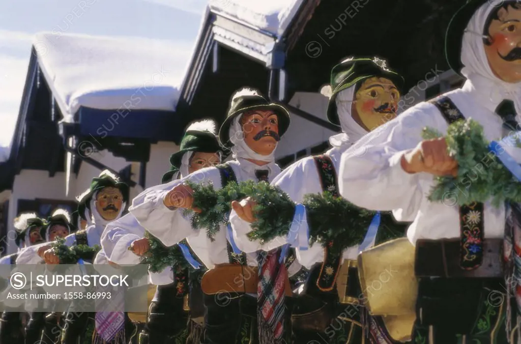 Germany, Upper Bavaria, Mittenwald, Schellenrührer, , Southern Germany, Bavaria, development rock, carnival, carnival, ´absurd Thursday´, men, disguis...