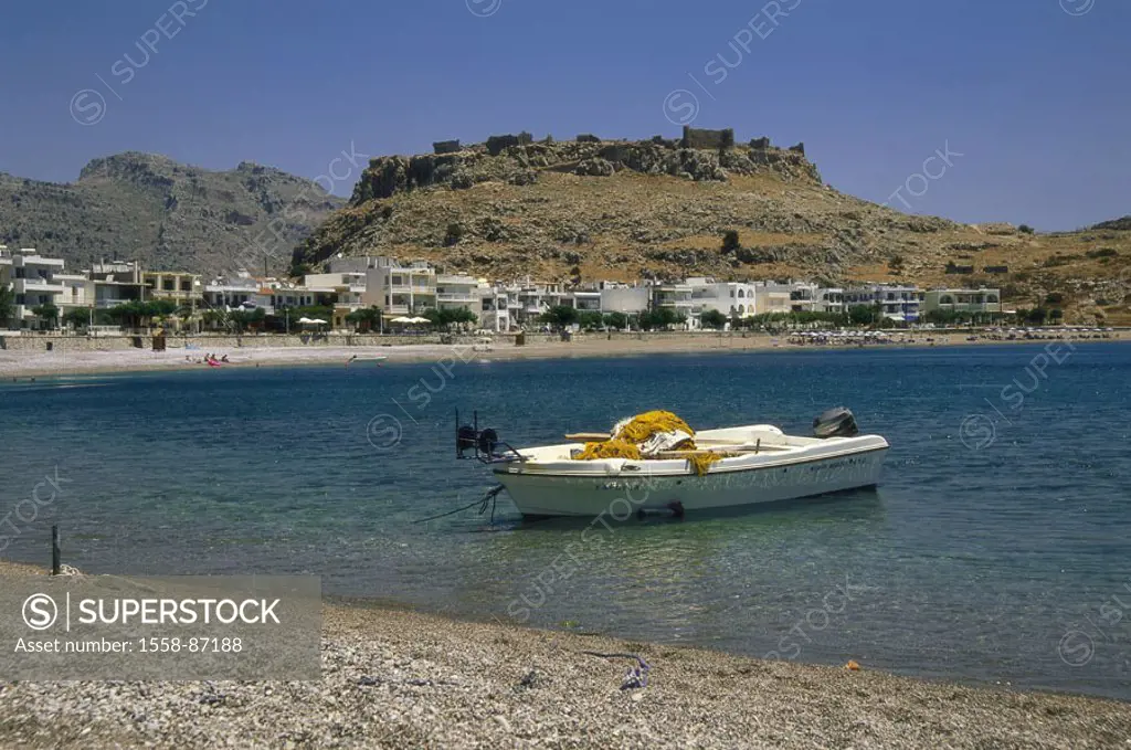 Greece, island Rhodes, Charaki, skyline, bay, fisher boat,   Dodekanes, Mediterranean island, beach, sea, water,  shallow, boat, anchoring, houses, ho...